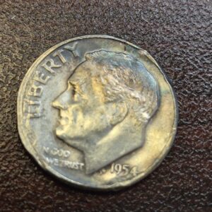 1954 Roosevelt Dime – 90% Silver – Philadelphia Coin with Rim Damage
